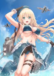 Rule 34 | 1girl, adapted costume, arm up, armpits, atago (kancolle), beret, bikini, black gloves, blonde hair, blue bikini, blue headwear, breasts, clothes lift, cowboy shot, front-tie bikini top, front-tie top, gloves, green eyes, hand on own head, hat, highleg, highleg bikini, highres, k jie, kantai collection, large breasts, lifted by self, long hair, rigging, sarong, sarong lift, seaplane, see-through, swimsuit, thigh strap, torpedo tubes, water