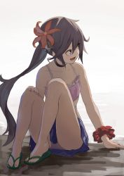 Rule 34 | 10s, 1girl, adapted costume, akebono (kancolle), arm support, bare arms, bare shoulders, bell, fami (yellow skies), flower, full body, hair bell, hair flower, hair ornament, highres, kantai collection, long hair, looking to the side, nail polish, open mouth, purple hair, sandals, scrunchie, side ponytail, sitting, sketch, solo, swimsuit, thighs, wrist scrunchie