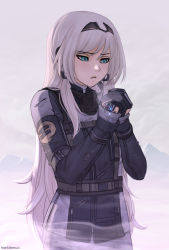 Rule 34 | 1girl, an-94 (girls&#039; frontline), android, artist name, black hairband, blonde hair, blue eyes, commentary, damaged, girls&#039; frontline, gloves, hairband, highres, long hair, long sleeves, looking down, marik bentusi, mask, mask around neck, mechanical arms, own hands together, single mechanical arm, solo, tactical clothes, torn clothes, upper body, very long hair