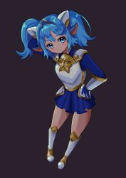 Rule 34 | 1girl, absurdres, alternate costume, animal ears, armor, armored boots, armored dress, blue eyes, blue hair, boots, fang, hair ornament, highres, league of legends, long hair, looking at viewer, magical girl, matching hair/eyes, pointy ears, poppy (league of legends), skirt, solo, star (symbol), star guardian (league of legends), star guardian poppy, twintails, yordle