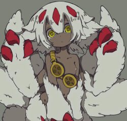 Rule 34 | 1girl, body fur, breasts, claws, collarbone, commentary request, cowboy shot, dark-skinned female, dark skin, ears down, extra arms, faputa, goggles, goggles around neck, grey background, hair between eyes, hands up, head tilt, highres, horns, looking at viewer, made in abyss, medium hair, monster girl, multiple tails, nipples, parted lips, raised eyebrows, red horns, shiirodesu, simple background, small breasts, solo, tail, tail raised, tareme, topless, v arms, white fur, white hair, yellow eyes
