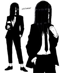 Rule 34 | 1girl, absurdres, alcohol, artist name, bags under eyes, black footwear, black hair, black jacket, black suit, buttons, collared shirt, commentary, cup, drink, drinking glass, english commentary, formal, full body, ghost, ghost girl, greyscale, hair over eyes, hair over face, hair over one eye, hand in pocket, highres, holding, holding cup, holding drink, jacket, long hair, messy hair, monochrome, multiple views, necktie, open clothes, open jacket, shirt, signature, socks, suit, suit jacket, the ring, twitter username, vest, virtuware, wet, white background, white shirt, white socks, wine, wine glass, yamamura sadako