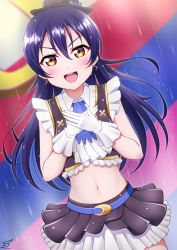 Rule 34 | 1girl, absurdres, blue hair, cowboy shot, earrings, gloves, hair between eyes, hand over heart, haruharo (haruharo 7315), hat, highres, jewelry, long hair, looking at viewer, love live!, love live! school idol project, midriff, navel, no brand girls, open mouth, rain, skirt, smile, solo, sonoda umi, stomach, swept bangs, wet, white gloves, yellow eyes