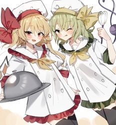 Rule 34 | 2girls, :d, ;q, alternate costume, black legwear, blonde hair, blush, buttons, chef, chef hat, commentary request, crystal, flandre scarlet, frilled shirt collar, frilled skirt, frills, green eyes, green hair, hat, hat ribbon, highres, komeiji koishi, looking at viewer, mixer (cooking), multiple girls, one eye closed, open mouth, red eyes, red ribbon, ribbon, short hair, side ponytail, skirt, smile, sorani (kaeru0768), standing, thighhighs, third eye, tongue, tongue out, touhou, tray, wings, yellow neckwear, yellow ribbon