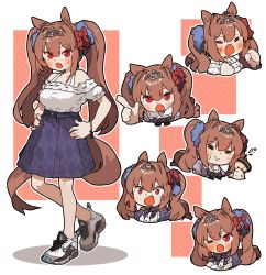 Rule 34 | 1girl, = =, amonitto, anger vein, animal ears, blue jacket, blush, bow, breasts, brown hair, closed eyes, closed mouth, cup, daiwa scarlet (umamusume), disposable cup, epaulettes, fang, hair between eyes, hair bow, hair intakes, highres, holding, holding cup, horse ears, horse girl, horse tail, jacket, long hair, medium breasts, multiple views, no socks, off-shoulder shirt, off shoulder, open mouth, plaid, plaid skirt, pleated skirt, puffy short sleeves, puffy sleeves, purple skirt, red bow, red eyes, ribbon-trimmed shirt, shirt, shoes, short sleeves, skirt, standing, standing on one leg, tail, tiara, twintails, umamusume, very long hair, white footwear, white shirt