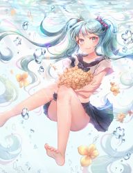 Rule 34 | 1girl, bad id, bad pixiv id, barefoot, black skirt, blue eyes, blue hair, blush, closed mouth, collarbone, feet, flower, hatsune miku, long hair, looking at viewer, ozzingo, skirt, smile, soles, solo, toes, twintails, underwater, vocaloid