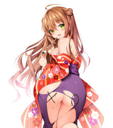 Rule 34 | 1girl, ahoge, ass, bare shoulders, bloody0rabby, blush, body writing, breasts, brown hair, calligraphy brush, commentary, double bun, floral print, girls&#039; frontline, green eyes, hair between eyes, hair bun, hakama, hakama skirt, highres, holding, holding paintbrush, japanese clothes, kimono, long hair, long sleeves, looking at viewer, looking back, medium breasts, no panties, off shoulder, official alternate costume, open mouth, paintbrush, print kimono, purple hakama, red kimono, revision, rfb (girls&#039; frontline), rfb (new year&#039;s mvp) (girls&#039; frontline), short kimono, shoulder blades, side bun, simple background, skirt, solo, sweat, tears, torn clothes, torn hakama, very long hair, white background