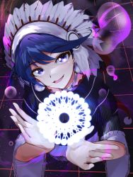 Rule 34 | 13-gou, 1girl, blue eyes, blue hair, danmaku, doremy sweet, dream world (touhou), dress, hat, legacy of lunatic kingdom, looking at viewer, nightcap, pom pom (clothes), short hair, smile, solo, spell card, tail, tapir tail, touhou