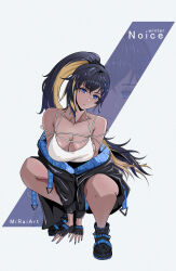 Rule 34 | 1girl, absurdres, alternate costume, artist name, black footwear, black hair, black jacket, blonde hair, blue eyes, blue footwear, blue nails, blush, breasts, camisole, cleavage, colored inner hair, dark-skinned female, dark skin, earrings, goddess of victory: nikke, hands on ground, high ponytail, highres, jacket, jewelry, large breasts, mirai [art], multicolored hair, nail polish, noise (nikke), off shoulder, solo, squatting, triangle mouth, zoom layer