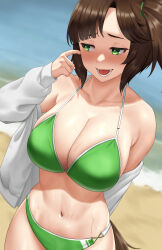 Rule 34 | 1girl, absurdres, alternate costume, arm behind back, bare shoulders, beach, bikini, blush, breasts, brown hair, cleavage, collarbone, commentary, diagonal bangs, freckles, green bikini, green eyes, hand up, highres, horse girl, horse tail, ines fujin (umamusume), jacket, large breasts, long hair, looking at another, lower teeth only, navel, nose blush, ocean, off shoulder, open clothes, open jacket, open mouth, parted bangs, side ponytail, sidelocks, solo, standing, stmoon, stomach, swimsuit, symbol-only commentary, tail, teeth, umamusume, white jacket