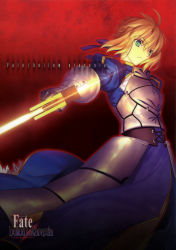Rule 34 | 1girl, absurdres, ahoge, armor, armored dress, artoria pendragon (fate), blonde hair, blue ribbon, copyright name, fate/hollow ataraxia, fate (series), gauntlets, green eyes, hair ribbon, highres, holding, holding sword, holding weapon, official art, ribbon, saber (fate), scan, serious, slit pupils, solo, sword, takeuchi takashi, weapon