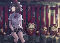 Rule 34 | 1girl, absurdres, ankle socks, black skirt, black socks, brown eyes, brown hair, camera, collared shirt, commentary, daruma doll, feet out of frame, fence, frilled skirt, frills, hat, highres, holding, holding camera, looking to the side, neck ribbon, paper, pointy ears, red hat, red ribbon, ribbon, ribbon-trimmed shirt, rock, sero3eta, shade, shameimaru aya, shirt, short hair, short sleeves, sitting, skirt, smile, socks, solo, tokin hat, touhou, white shirt, wooden fence