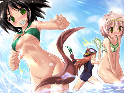 Rule 34 | 3girls, :o, akatsuki no amaneka to aoi kyojin, amaneka machbuster, armpits, assisted exposure, bikini, unworn bikini bottom, black hair, blush, bob cut, bottomless, breasts, brown eyes, censored, chibi, clenched teeth, clothes theft, cloud, convenient censoring, covering privates, covering crotch, day, eana komet, embarrassed, fighting stance, fingerless gloves, flat chest, forced, game cg, gloves, glowing, glowing eyes, green eyes, groin, hair ornament, hairclip, hat, komatsu eiji, light rays, long hair, mail seagull, medium breasts, multiple girls, naughty face, one-piece swimsuit, open mouth, orange eyes, outdoors, pink hair, red hair, school swimsuit, short hair, single glove, sky, splashing, standing, stealing clothes, sunbeam, sunlight, surprised, swimsuit, swimsuit theft, teeth, theft, twintails, underboob, undressing, wading, water