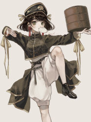 Rule 34 | 1girl, absurdres, arms up, balancing, bamboo steamer, baozi, belt, belt buckle, black footwear, black hair, black hat, blush, bow, breasts, brown bow, brown ribbon, buckle, chinese clothes, commentary, cropped jacket, earrings, eating, food, foot out of frame, green eyes, grey background, hat, high collar, high heels, highres, jewelry, leg up, long sleeves, looking at viewer, mouth hold, original, ribbon, sayoko (sayosny2), shoes, short hair, shorts, signature, simple background, small breasts, solo, standing, standing on one leg, swept bangs, tray