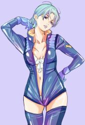 Rule 34 | 1girl, arm behind head, bikini, blue hair, bodysuit, breasts, character request, cleavage, gloves, hand on own hip, highres, legs, looking at viewer, model pose, navel, parted lips, purple eyes, short hair, swimsuit, thighs, unzipped, unzipped bodysuit