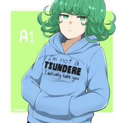 Rule 34 | 1girl, casual, expressionless, green eyes, green hair, hoodie, one-punch man, solo, tatsumaki