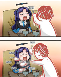Rule 34 | 1boy, 1girl, 2koma, doodle sensei (blue archive), blazer, blue archive, blue necktie, c/h, collared shirt, comic, commentary request, english text, feeding, gameplay mechanics, halo, holding, holding spoon, jacket, long hair, long sleeves, mixed-language commentary, necktie, parted bangs, purple hair, school uniform, sensei (blue archive), shirt, sidelocks, silent comic, spoon, sweatdrop, white shirt, yuuka (blue archive)