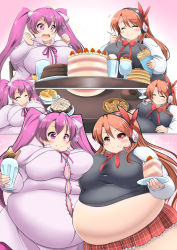 Rule 34 | +++, 10s, 2girls, :d, akame ga kill!, belly rub, belly-to-belly, blush, breasts, cake, capelet, cheese, cheese wheel, chelsea (akame ga kill!), crepe, eating, fat, fat rolls, food, food on face, fruit, happy, headphones, highres, huge breasts, ice cream, kurokaze no sora, large breasts, long hair, mine (akame ga kill!), multiple girls, obese, open mouth, purple eyes, purple hair, red eyes, red hair, skirt, smile, snort, sparkle, spoon, strawberry, twintails, undersized clothes