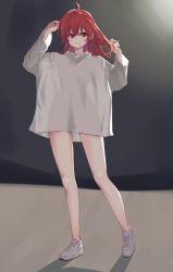 Rule 34 | 1girl, absurdres, ahoge, alternate costume, arms up, bare legs, blush, highres, idolmaster, idolmaster shiny colors, jokarara, komiya kaho, looking at viewer, no pants, oversized clothes, oversized shirt, red eyes, red hair, see-through silhouette, shirt, shoes, simple background, smile, sneakers, solo, white shirt