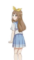 1girl blue_neckerchief blue_sailor_collar blue_skirt bow brown_hair feet_out_of_frame from_behind green_eyes hair_bow hibike!_euphonium highres kitauji_high_school_uniform kneepits light_blush long_hair looking_at_viewer looking_back neckerchief open_mouth pleated_skirt sailor_collar school_uniform serafuku shirt short_sleeves skirt solo standing tuttivivace white_shirt yellow_bow yoshikawa_yuuko