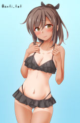 Rule 34 | 1girl, anti (untea9), bare arms, bare legs, bare shoulders, bikini, black bikini, blush, breasts, brown eyes, brown hair, cleavage, closed mouth, collarbone, cowboy shot, highres, i-401 (kancolle), kantai collection, ponytail, short hair, small breasts, solo, swimsuit, tan, tanline, twitter username