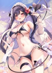 Rule 34 | 1girl, :d, ayuma sayu, bikini, black bikini, black hair, blush, breasts, choker, demon tail, flower, frilled choker, frilled sleeves, frills, front-tie bikini top, front-tie top, hair flower, hair ornament, highres, jacket, large breasts, long hair, long sleeves, looking at viewer, navel, open clothes, open jacket, open mouth, original, red eyes, red flower, ribbon, side-tie bikini bottom, skindentation, smile, solo, standing, stomach, string bikini, swimsuit, tail, tail ornament, tail raised, tail ribbon, thigh strap, thighs, very long hair, white jacket, white ribbon