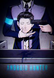 Rule 34 | 1boy, android, armband, bai rui, black hair, blood, blood from mouth, blue blood, blue theme, closed eyes, colored blood, connor (detroit), detroit: become human, disembodied head, eyelashes, gun to head, highres, male focus, necktie, pool of blood, solo