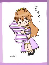 Rule 34 | 1girl, artist name, artist request, bare legs, blush, border, bracelet, breasts, brown hair, butterfly (love live!), chibi, choker, cleavage, closed eyes, clothing cutout, collarbone, cropped shirt, crown, detached sleeves, double bun, dress, dress shirt, earrings, female focus, full body, gold bracelet, hair between eyes, hair bun, hair rings, harem outfit, holding, holding pillow, jewelry, konoe kanata, long hair, looking at viewer, love live!, love live! nijigasaki high school idol club, love live! school idol festival, navel, hugging object, parted lips, pillow, pillow hug, pink border, puffy short sleeves, puffy sleeves, purple border, purple shirt, purple shorts, purple sleeves, shirt, short sleeves, shorts, shoulder cutout, sleeping, sleepy, small breasts, smile, solo, sparkle, standing, striped pillow, two side up, white background, yellow bracelet, yellow choker, zzz