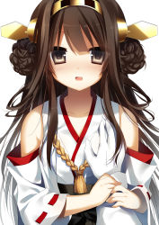 Rule 34 | 10s, 1girl, admiral (kancolle), black eyes, blush, grabbing another&#039;s breast, breasts, brown hair, detached sleeves, double bun, flat chest, flat chest grab, gloves, grabbing, guided breast grab, guiding hand, hair bun, hair ornament, hairband, headgear, highres, japanese clothes, kantai collection, kongou (kancolle), long hair, looking at viewer, open mouth, personification, ribbon-trimmed sleeves, ribbon trim, solo focus, symbol-shaped pupils, wide sleeves, yoruneko
