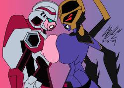 Rule 34 | 2009, 2others, angry, arcee, artist request, blackarachnia, breast press, breasts, clenched teeth, dated, gradient background, heads together, huge breasts, large breasts, mecha musume, multiple others, pink background, red lips, signature, simple background, symmetrical docking, teeth, transformers, transformers animated