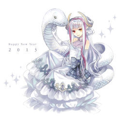 Rule 34 | 10s, 1girl, 2013, animal, arm support, ashi, bare shoulders, bow, chinese zodiac, dress, elbow gloves, gloves, happy new year, heterochromia, horns, long hair, multicolored hair, new year, original, oversized animal, pointy ears, red eyes, red hair, sitting, snake, snake (chinese zodiac), solo, sparkle, two-tone hair, very long hair, white dress, white gloves, white hair, yellow eyes