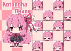 Rule 34 | 0 0, 1girl, :&lt;, :d, ^ ^, anger vein, bare shoulders, black dress, black footwear, blush, boots, character name, checkered background, chibi, closed eyes, closed mouth, commentary request, dress, expressions, hair ribbon, kotonoha akane, long hair, long sleeves, milkpanda, multiple views, open mouth, parted lips, pink hair, pink thighhighs, red eyes, red ribbon, ribbon, shaded face, short eyebrows, sleeves past fingers, sleeves past wrists, smile, sweatdrop, thighhighs, thighhighs under boots, triangle mouth, very long hair, voiceroid