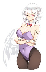 Rule 34 | 1girl, arms under breasts, bow, bowtie, breast hold, breasts, cleavage, crossed arms, detached collar, highres, kishin sagume, looking at viewer, pantyhose, raptor7, red eyes, short hair, single wing, sketch, solo, tattoo, touhou, wings, wrist cuffs