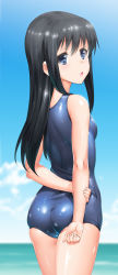 Rule 34 | 10s, 1girl, :o, alternate costume, arm grab, arms behind back, asashio (kancolle), ass, bare arms, bare shoulders, black hair, blue eyes, blue one-piece swimsuit, blurry, breasts, cloud, commentary request, cowboy shot, day, depth of field, from behind, hair between eyes, henshako, highres, kantai collection, long hair, looking at viewer, ocean, one-piece swimsuit, open mouth, school swimsuit, school uniform, shiny clothes, sidelocks, skindentation, sky, small breasts, solo, swimsuit, thighs