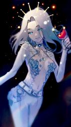 Rule 34 | 1girl, alcohol, belt, black background, blue choker, blue eyes, breasts, choker, commentary, cup, drinking glass, english commentary, halo, highres, holding, holding cup, indie virtual youtuber, light particles, medium breasts, medium hair, monarch (amalee), navel, pants, scales, sei (seibugged), smile, solo, virtual youtuber, white belt, white pants, wine, wine glass