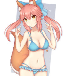 Rule 34 | 10s, 1girl, absurdres, animal ears, bad id, bad pixiv id, bikini, blue bikini, blue ribbon, bow, breasts, cleavage, collarbone, fate/extra, fate (series), fox ears, fox shadow puppet, fox tail, hair bow, hair ribbon, heart, highres, large breasts, looking at viewer, navel, pink hair, rachione, ribbon, solo, swimsuit, tail, tamamo (fate), tamamo no mae (fate/extra), yellow eyes