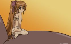 Rule 34 | 1girl, ass, blue eyes, blush, bow, breasts, brown hair, from behind, hair bow, kneeling, long hair, looking at viewer, looking back, medium breasts, nagasarete airantou, open mouth, panties, ponytail, sarashi, side-tie panties, sky, sunset, suzu (nagasarete airantou), thighhighs, underwear, wet, wet clothes, wet panties, wet socks, white panties, white thighhighs