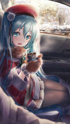 Rule 34 | 1girl, aqua eyes, aqua hair, beret, boots, brown scarf, capelet, car interior, commentary, cup, daidou (demitasse), disposable coffee cup, disposable cup, fur-trimmed boots, fur-trimmed capelet, fur-trimmed jacket, fur trim, hat, hatsune miku, highres, holding, holding cup, jacket, long hair, miniskirt, open mouth, pantyhose, pleated skirt, pov, red capelet, red footwear, red headwear, red jacket, revision, santa costume, scarf, sitting, skirt, snowing, twintails, very long hair, vocaloid, winter
