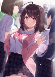 Rule 34 | 3girls, ahoge, black hair, blue skirt, blurry, blurry background, breasts, brown hair, closed mouth, commentary request, day, depth of field, faceless, faceless female, hair ornament, hairclip, hands up, highres, jacket, long hair, long sleeves, looking at viewer, medium breasts, multiple girls, open clothes, open jacket, original, outdoors, pedestrian lights, pink jacket, plaid, plaid skirt, pleated skirt, puffy long sleeves, puffy sleeves, red eyes, sailor collar, school uniform, serafuku, shirt, skirt, smile, solo focus, t@ke-g, very long hair, white sailor collar, white shirt
