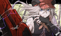 Rule 34 | 1girl, alisa ilinichina amiella, bare shoulders, black vest, blood, blood on face, blood stain, blue eyes, breasts, bruise, cabbie hat, closed mouth, commentary, elbow gloves, fingerless gloves, floating hair, gloves, god eater, god eater burst, grey hair, hair between eyes, hand up, hat, highres, holding, holding sword, holding weapon, huge weapon, injury, kankan33333, large breasts, long hair, looking at viewer, plaid, plaid headwear, red hat, sidelocks, solo, suspenders, sweat, sword, underboob, upper body, vest, weapon