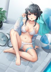 Rule 34 | 1girl, :o, absurdres, ahoge, arknights, ball, bare shoulders, barefoot, beachball, bikini, black eyes, black hair, blush, breasts, cleavage, collarbone, commission, covered erect nipples, double bun, feather hair, frilled bikini, frills, grey jacket, hair bun, hair ornament, hairclip, highres, innertube, jacket, la pluma (arknights), la pluma (summer flowers) (arknights), long sleeves, looking at viewer, medium breasts, megaphone, navel, official alternate costume, on floor, open clothes, open jacket, open mouth, photoshop (medium), plant, potted plant, puddle, short hair, sidelocks, sitting, solo, stomach, swim ring, swimsuit, t zhonglang, thigh strap, tile floor, tiles, water, white bikini, wing hair ornament