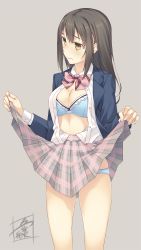 Rule 34 | 1girl, black hair, blush, bra, breasts, brown eyes, cleavage, clothes lift, grey background, highres, kazushiki midori, lifted by self, long hair, open clothes, open shirt, original, panties, school uniform, shirt, simple background, skirt, skirt lift, solo, standing, underwear, wavy mouth