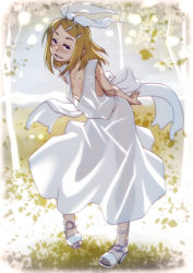 Rule 34 | 00s, 1girl, blonde hair, blue eyes, blush, breasts, collarbone, dress, hair ornament, hairclip, highres, kagamine rin, looking at viewer, no bra, shoes, small breasts, solo, soon (c-u-soon), standing, vocaloid, white dress