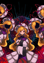 Rule 34 | 5girls, black background, blonde hair, closed mouth, doppelganger, dress, earrings, faceless, faceless female, hat, hat ribbon, highres, jewelry, long hair, long sleeves, looking at viewer, md5 mismatch, mob cap, multiple girls, neruzou, red eyes, resolution mismatch, ribbon, source larger, split mouth, tabard, touhou, white dress, wide sleeves, yakumo yukari