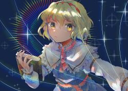 Rule 34 | 1girl, alice margatroid, blonde hair, blue dress, book, capelet, closed mouth, dress, grimoire of alice, hairband, holding, holding book, itomugi-kun, long sleeves, looking at viewer, red hairband, short hair, solo, touhou, upper body, white capelet, yellow eyes