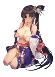 Rule 34 | 1girl, bare shoulders, black eyes, black hair, blush, breasts, cleavage, collarbone, fate/grand order, fate (series), gao (gaolukchup), hair ornament, highres, japanese clothes, kimono, large breasts, long hair, looking at viewer, obi, off shoulder, sash, side ponytail, simple background, smile, solo, source request, ushiwakamaru (fate), ushiwakamaru (formal dress) (fate), white background