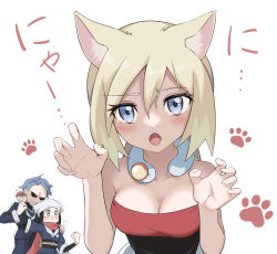 Rule 34 | 3girls, :o, absurdres, akari (pokemon), animal ears, arm up, blonde hair, blue eyes, blush, breasts, cat ears, claw pose, cleavage, collar, collarbone, commentary request, creatures (company), cyllene (pokemon), eyelashes, game freak, grey eyes, hair between eyes, hands up, highres, holding, holding poke ball, irida (pokemon), kakko madoka, looking at viewer, multiple girls, nintendo, open mouth, paw print, poke ball, pokemon, pokemon legends: arceus, red shirt, shirt, strapless, strapless shirt, tongue, trembling