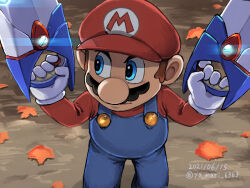 Rule 34 | 1boy, artist name, autumn leaves, blue eyes, blue overalls, brown hair, cowboy shot, dual wielding, facial hair, hat, holding, holding weapon, leaf, male focus, mario, mario (series), mario + rabbids sparks of hope, mustache, nintendo, overalls, red hat, short hair, solo, weapon, ya mari 6363