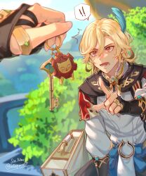 Rule 34 | !, !!, 2boys, alhaitham (genshin impact), artist name, blonde hair, blue gemstone, blurry, blurry background, earrings, feather hair ornament, feathers, fingerless gloves, gem, genshin impact, gloves, gold earrings, hair ornament, highres, jewelry, kaveh (genshin impact), key, male focus, multiple boys, open mouth, out of frame, partially fingerless gloves, pointing, red eyes, ring, shirt, signature, soc nau, speech bubble, spoken exclamation mark, surprised, twitter username, white shirt
