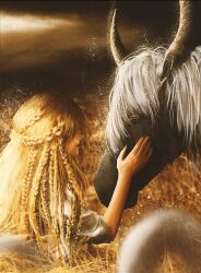 Rule 34 | 00osamio00, 1boy, blonde hair, braid, child, crown braid, elden ring, hair over eyes, hair over face, hand on another&#039;s face, highres, horns, horse, long hair, miquella (elden ring), torrent (elden ring), twin braids, wheat, white hair, white tunic